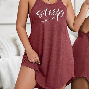 Women's Plus Size Racerback Tank Sleep Dress – Comfortable, Stylish & All-Season Casual Loungewear with Eyelash Print