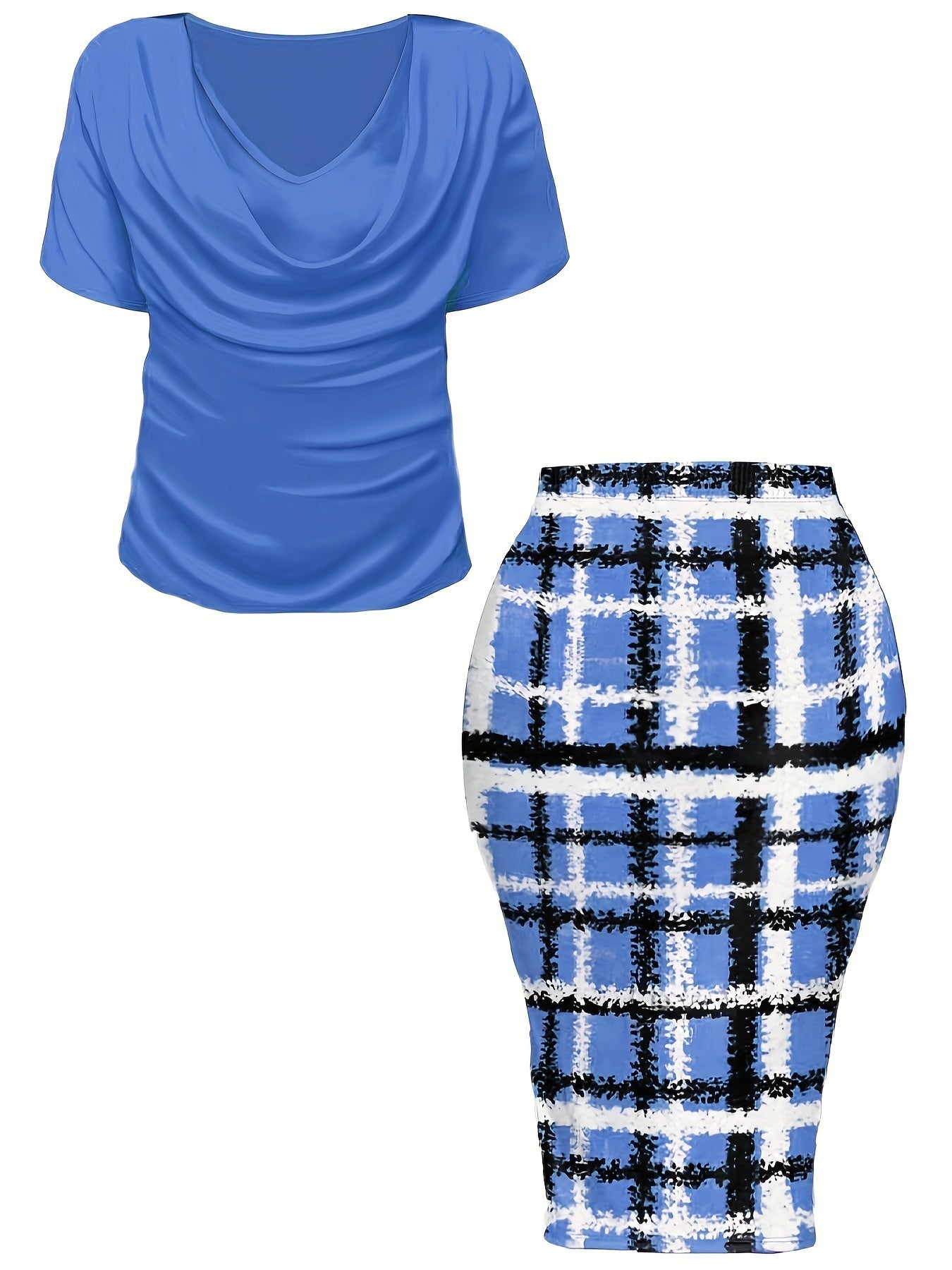 Plus Size Plaid Print Two-piece Set, Cowl Neck Short Sleeve Top & Skirt Outfits, Women's Plus Size Clothing