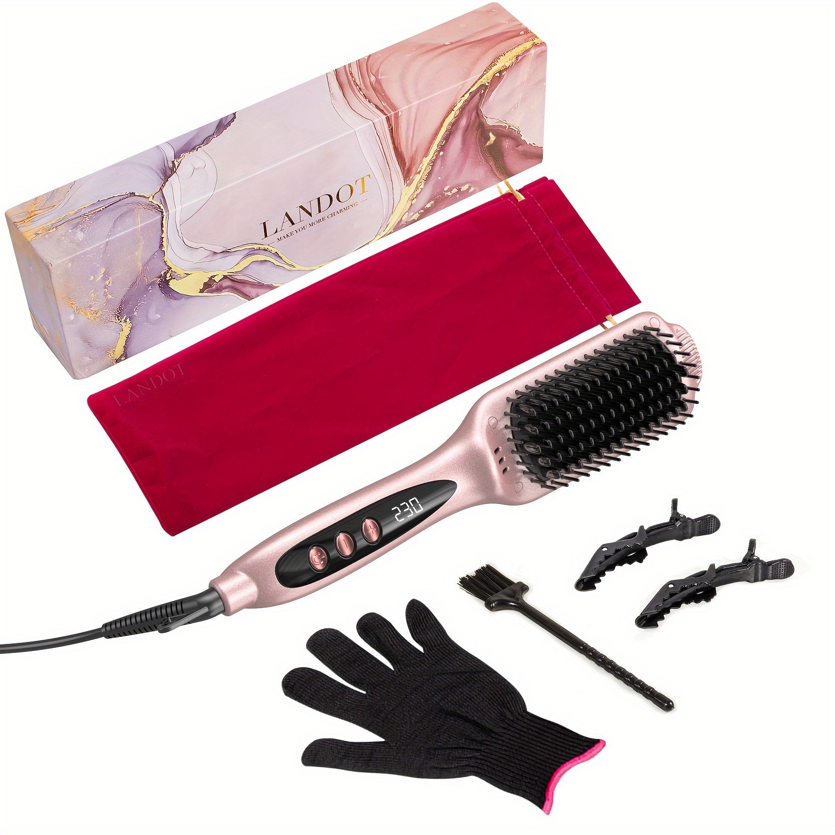 LANDOT Hair Straightener Brush Heated Straightening Brush: Rose Golden Negative Ion Hot Hair Brush For Smooth Frizz Free Hair - Ceramic Flat