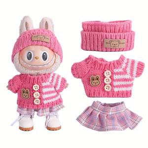 17cm Doll Clothes For Labubu With 3 Outfits - Stylish Fisherman Hat & Sweaters & Pants Or Skirt Set For 17cm Dolls, Adorable Labubu Accessories For Play & Display (Not Included Shoes & Doll)