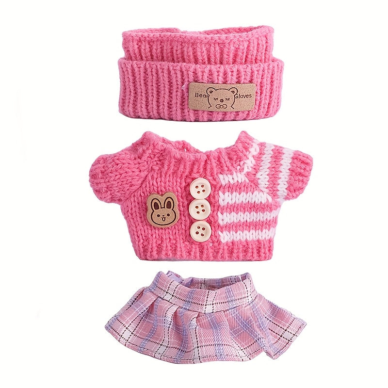 17cm Labubu Doll Clothes For With 3 Outfits - Stylish Fisherman Hat & Sweaters & Pants Or Skirt Set For 17cm Dolls, Adorable BuLabu Accessories For Play & Display (Not Included Shoes & Doll)