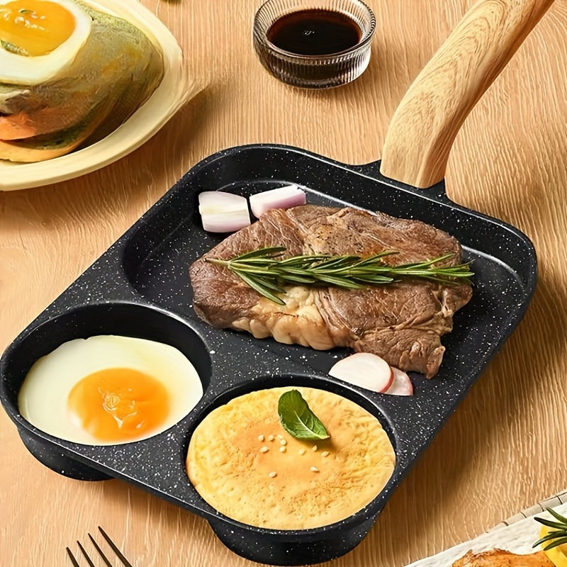 Versatile Non-Stick Aluminum Alloy Frying Pan, Dual Compartment for Eggs & Toast - Rust-Resistant with Wooden Handles, Perfect for Gas & Ind