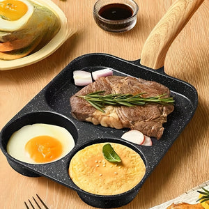 Versatile Non-Stick Aluminum Alloy Frying Pan, Dual Compartment for Eggs & Toast - Rust-Resistant with Wooden Handles, Perfect for Gas & Ind