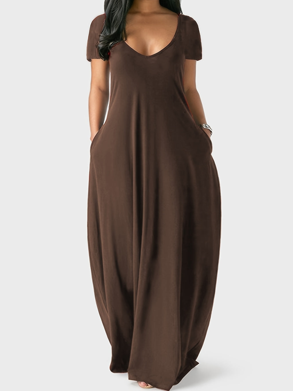 Elegant & Versatile Maxi Dress - Short Sleeve, Pockets, Mid-Elasticity for Women, Ideal for Spring to Fall