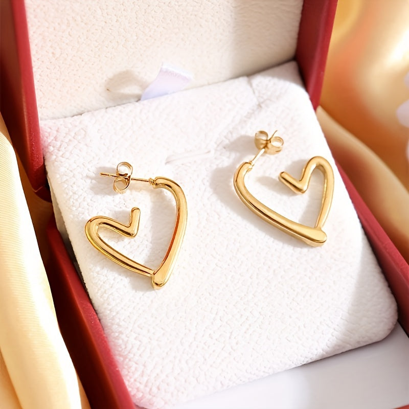 1 Pair Elegant 18K Golden Plated Hollow Heart-Shaped Hoop Earrings for Women, Cute 304 Stainless Steel, Hypoallergenic, Non-Fading, Versatil