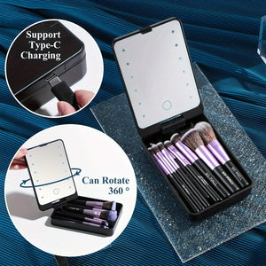 Travel Makeup Brush Set Foundation Powder Concealers Eye Shadows Makeup Set with LED Light Mirror 14 Pcs Mini Makeup Brushes, Valentine's Da