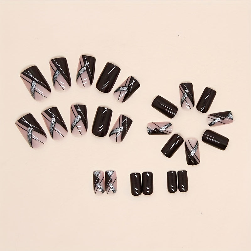 24pcs Glossy Medium Square Fake Nails, Burgundy Color Press On Nails With Geometry Line And Silvery Glitter Design, Sparkling Full Cover Fal