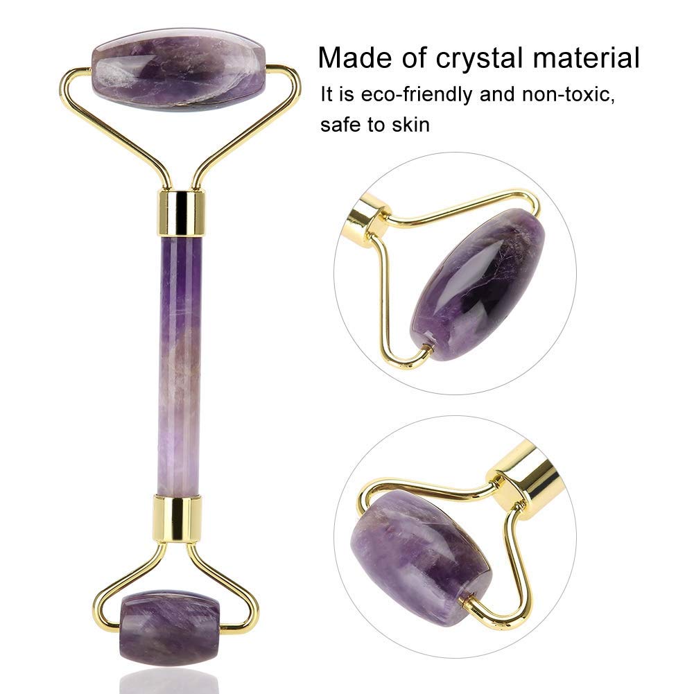 5.9Inch Amethyst Quartz Crystal Double-Head Beauty Roller Face Neck Massage Tool- Facial Roller Massage for Anti Wrinkle Anti Ag