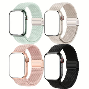 4 Pack Braided Metal Magnetic Buckle Band Compatible with Apple Watch WomenMen 49mm 46mm(2024 $eries 10) 45mm 44mm 42mm, Stretchy Nylon Sport LoopStrap for lWatch Ultra 2/1 Series 10 9 8 SE7 6 5 4 3 2 1