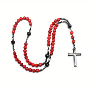 Cross-border Export Natural Stone 8mm Red Pine Stone Black Agate Black Gallstone Cross Rosary Necklace For Men Long Chain