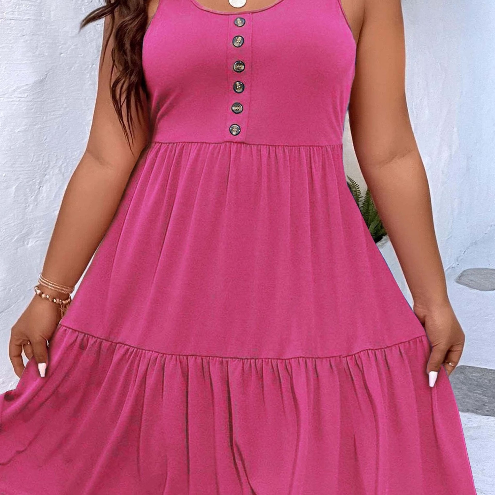 Plus Size Casual Loungewear, Women's Plus Ruffled Hem Button Detail Medium Stretch Comfort Tank Dress