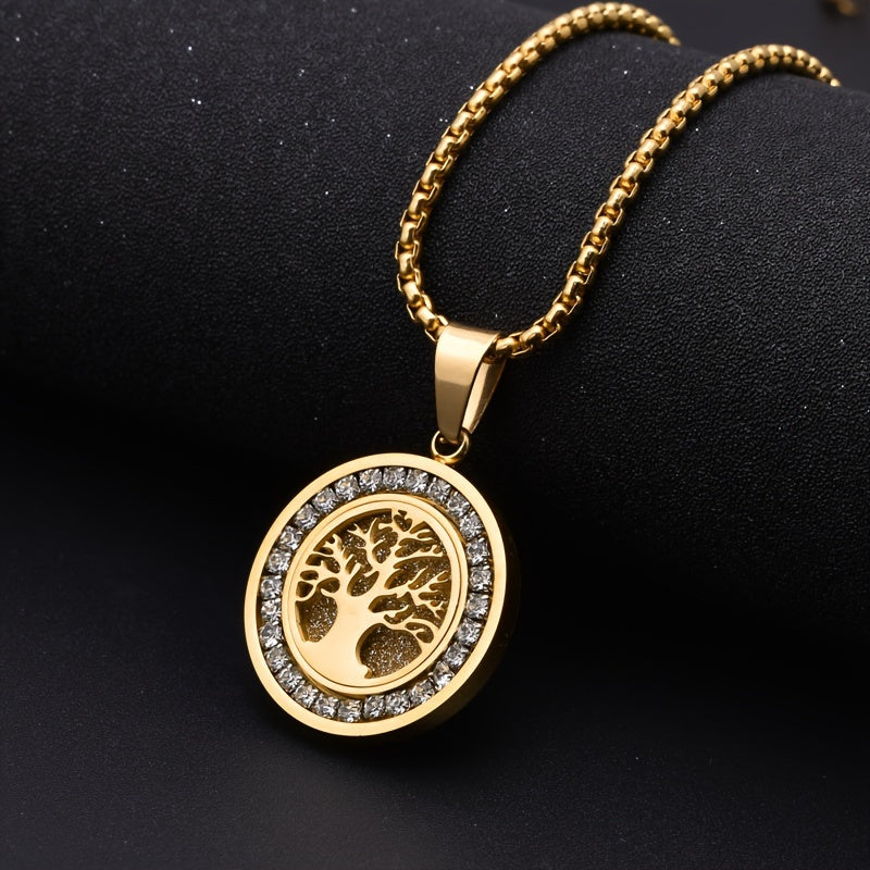 1pc Retro Sacred Tree Of Life Pendant Necklace, Stainless Steel Inlaid Zirconia Men's Necklace Suitable for Daily Wear