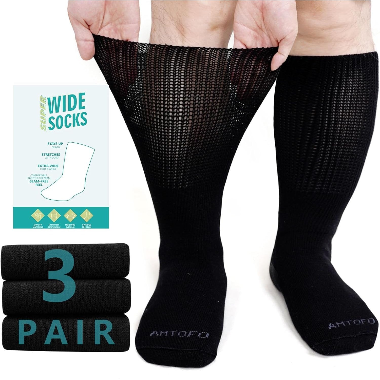 3 Pairs Extra Wide Loose Fit Socks for Men And Women, Stretchy Non-Binding Crew Socks, Fits Shoe Size 9-15