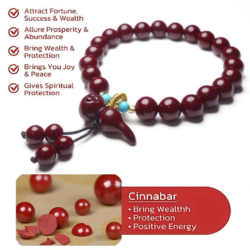 1pc Cinnabar Red Beaded Bracelet Gourd Pendant Good Luck Bracelet Attract Wealth Health Best Gift For Men And Women