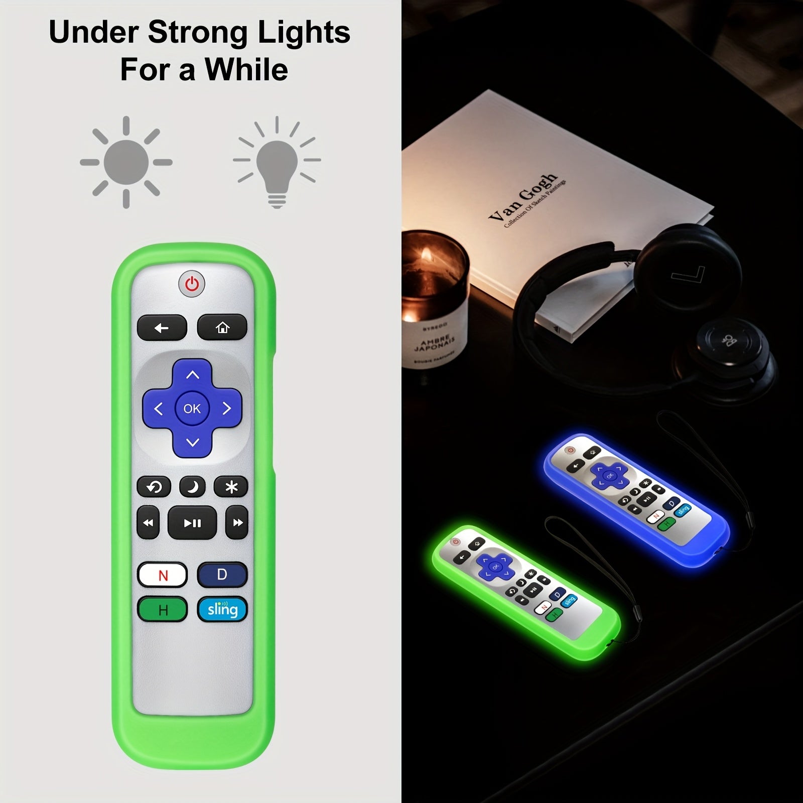 LOUTOC 4pcs-2pcs Silver Universal Replacement Remote Control for Roku TV, Not for Stick and Box, Plus 2pcs Silicone Remote Control Cover for Controller Protection with Universal Sleeve Skin Glow in the Dark Blue and Green, Infrared Connection, Easy to Use