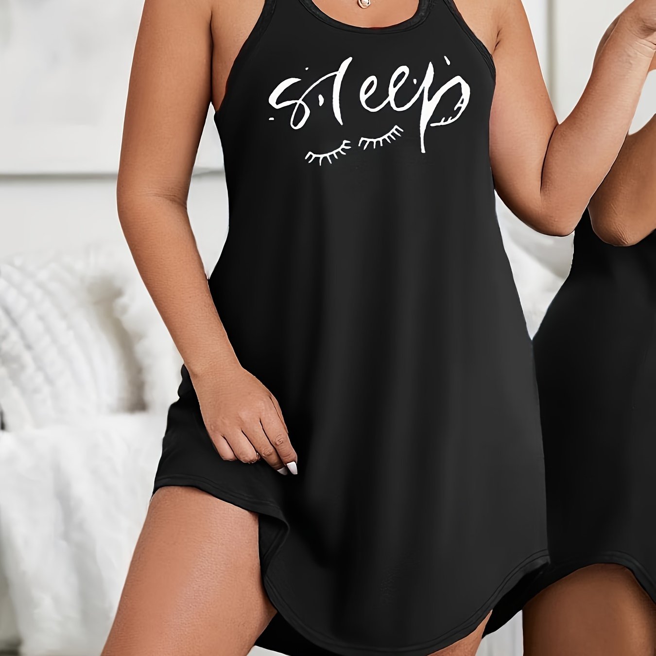 Women's Plus Size Racerback Tank Sleep Dress – Comfortable, Stylish & All-Season Casual Loungewear with Eyelash Print