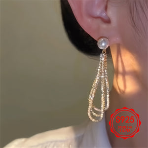 Pair of S925 Silver Pendant Earrings, Inlaid with Artificial Imitation Pearl and Sparkling Tassel Design, Make a Stylish and Luxurious Jewel