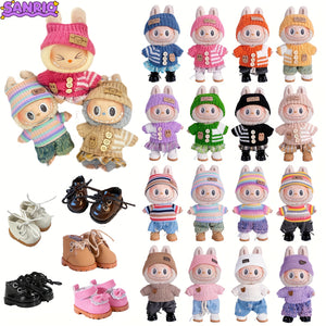 17cm Labubu Doll Clothes For With 3 Outfits - Stylish Fisherman Hat & Sweaters & Pants Or Skirt Set For 17cm Dolls, Adorable BuLabu Accessories For Play & Display (Not Included Shoes & Doll)