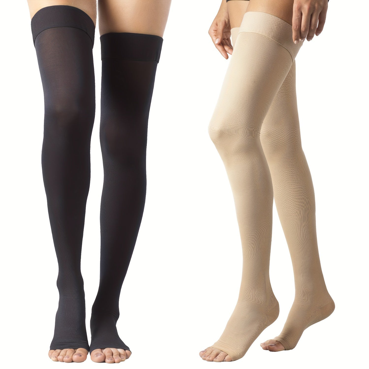 2 Pack, 15-20 MmHg Compression, Thigh High Medical Stockings for Women and Men, Dot-Top Open Toe Socks