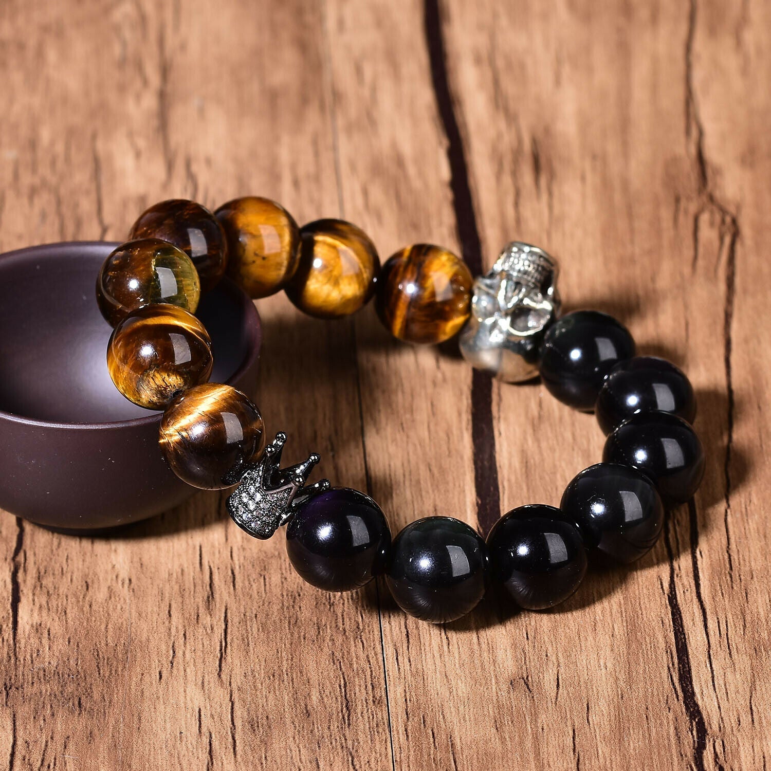 Tigers Eye and Obsidian Mixed Bracelet Reiki Skull Fashion Chakra Crystal Beads