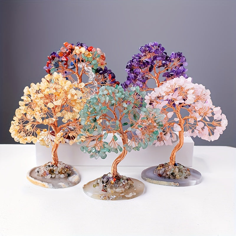 Natural Crystal Chips, Agate Base, Money Tree, Hand-woven Small Ornaments, Office Desktop Crystal Money Tree.