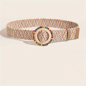 Boho Colorful Trendy Straw Belt Trendy Round Buckle Wide Belts Classic Summer Beach Waistband For Women Girls