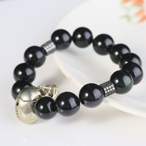 14.5mm Obsidian Gothic Skull Bracelets Men Fashion Crystal Beads Punk Jewelry