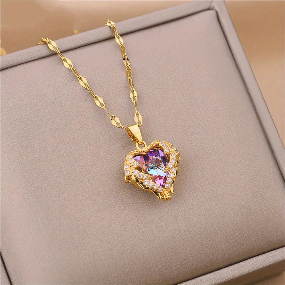 Stainless Steel Beautiful Love Heart Amethyst Golden Pendant Shiny Temperament Gift Women Jewelry Wear Everyday Christmas, Halloween  gift C