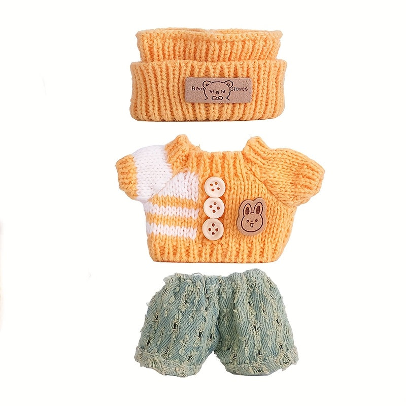17cm Labubu Doll Clothes For With 3 Outfits - Stylish Fisherman Hat & Sweaters & Pants Or Skirt Set For 17cm Dolls, Adorable BuLabu Accessories For Play & Display (Not Included Shoes & Doll)