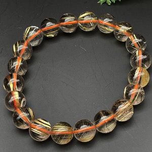 Gold Rutilated Crystal Bracelet, Round Beads, Beaded Bracelet, Handmade Jewelry, Healing Crystals and Stones E086616