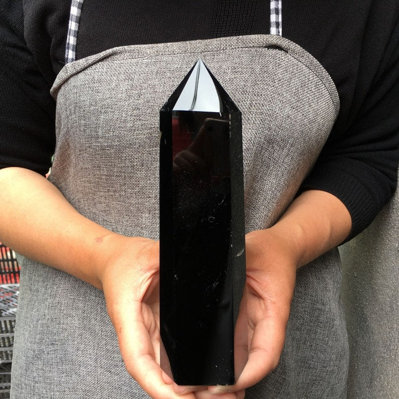 400g+ Natural obsidian Tower，Obsidian obelisk，crystal mineral wand point，healing random，Energy column，