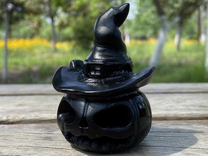 3'' Natural Hand carved Obsidian pumpkin，Halloween gift，crystal skull，quartz crystal，crystal pumpkin Flurescent lamp（USBport）