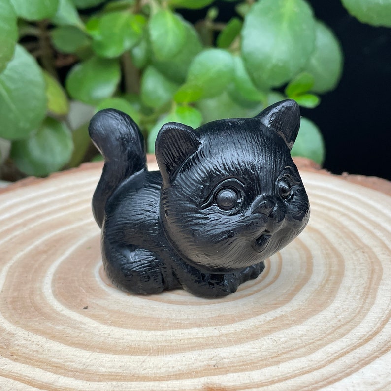 Obsidian Crystal Carved Cat ,Carving kitten Figurine ,Housewarming Gift, Home Decor #051639