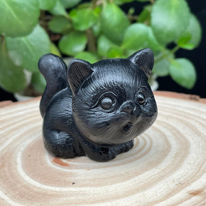 Obsidian Crystal Carved Cat ,Carving kitten Figurine ,Housewarming Gift, Home Decor #051639