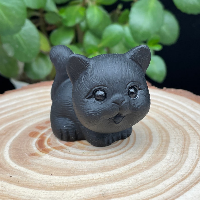Obsidian Crystal Carved Cat ,Carving kitten Figurine ,Housewarming Gift, Home Decor #051639