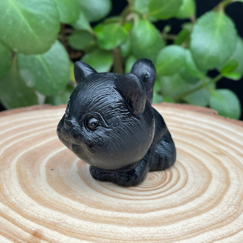 Obsidian Crystal Carved Cat ,Carving kitten Figurine ,Housewarming Gift, Home Decor #051639