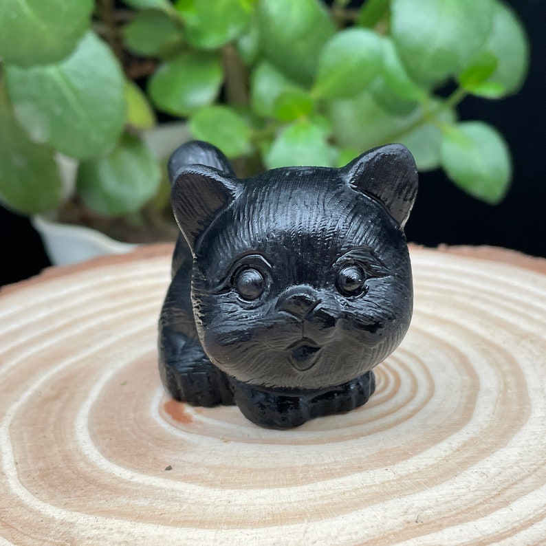 Obsidian Crystal Carved Cat ,Carving kitten Figurine ,Housewarming Gift, Home Decor #051639