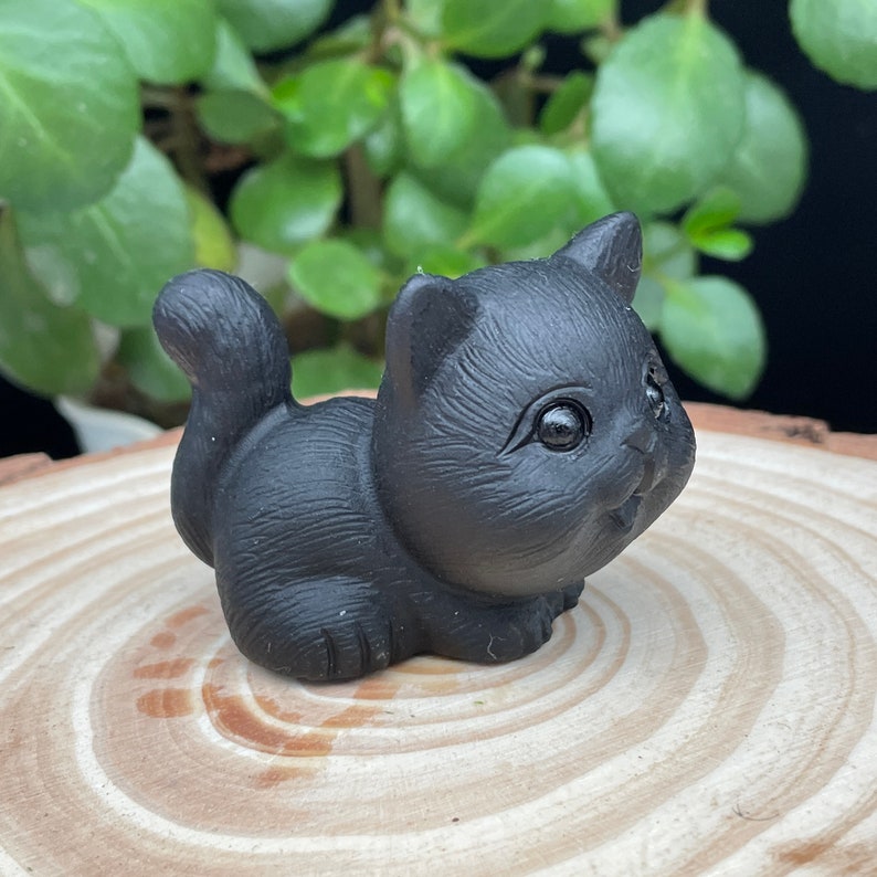 Obsidian Crystal Carved Cat ,Carving kitten Figurine ,Housewarming Gift, Home Decor #051639