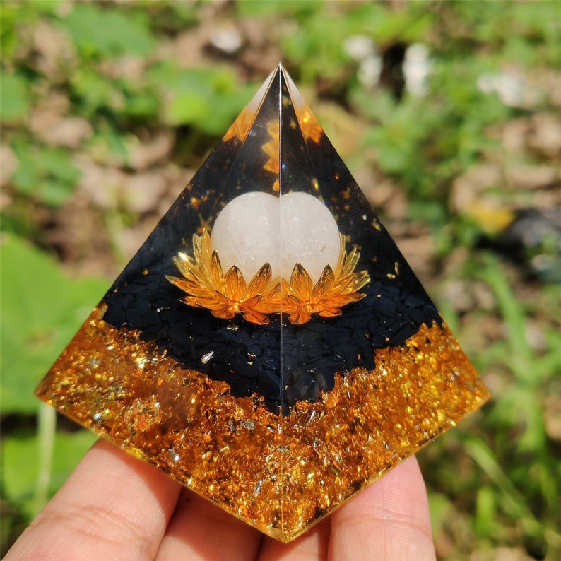 Clear Quartz Sphere&Obsidian Energy Seal,HEALING Crystal,Reiki Orgone Pyramid,Chakra EMF Protection,Home Decoration,Resin Gifts 80g+