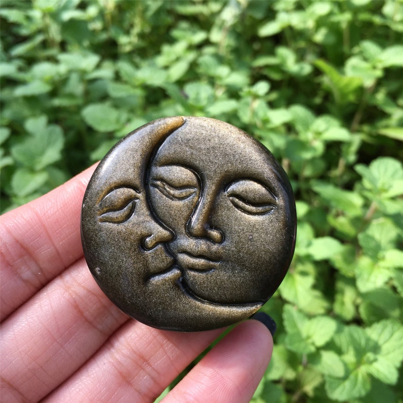 1PC Natural Gold Obsidian Sun Moon,Quartz Sun Moon,Crystal Pendant,Rock,Home Decoration,Crystal Carving,Reiki Healing,Crystal Gift 25g+