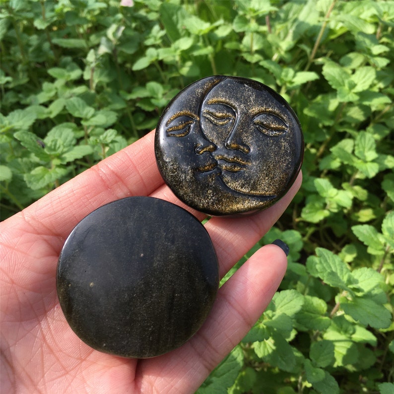 1PC Natural Gold Obsidian Sun Moon,Quartz Sun Moon,Crystal Pendant,Rock,Home Decoration,Crystal Carving,Reiki Healing,Crystal Gift 25g+