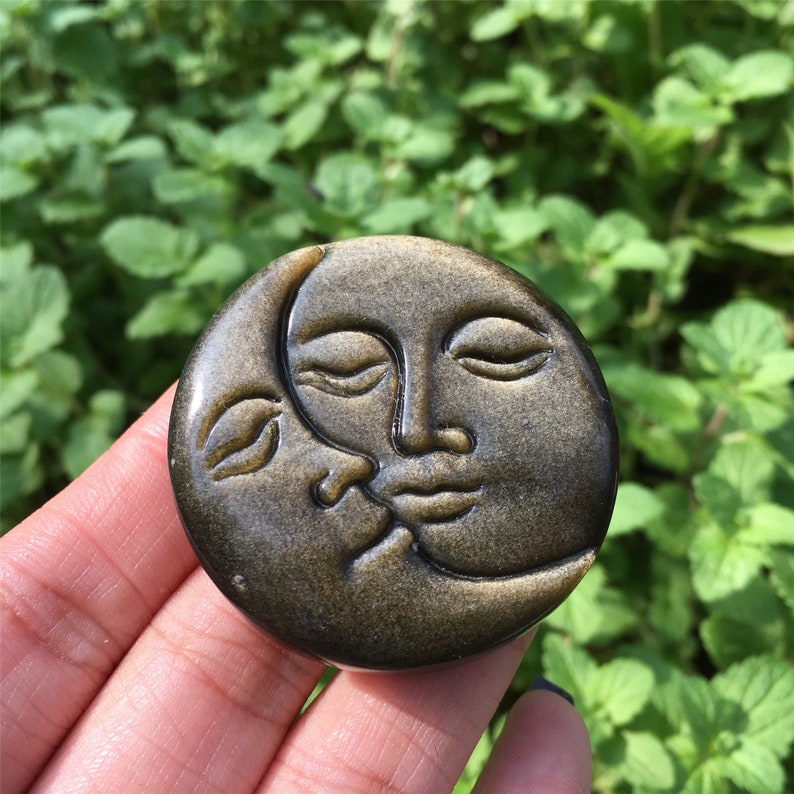 1PC Natural Gold Obsidian Sun Moon,Quartz Sun Moon,Crystal Pendant,Rock,Home Decoration,Crystal Carving,Reiki Healing,Crystal Gift 25g+