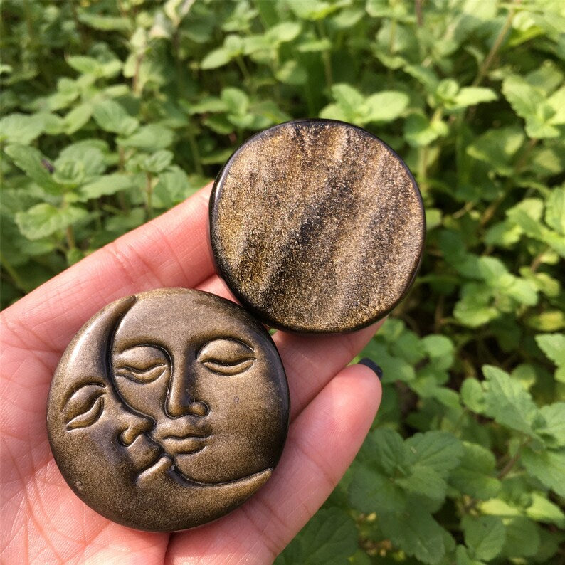 1PC Natural Gold Obsidian Sun Moon,Quartz Sun Moon,Crystal Pendant,Rock,Home Decoration,Crystal Carving,Reiki Healing,Crystal Gift 25g+