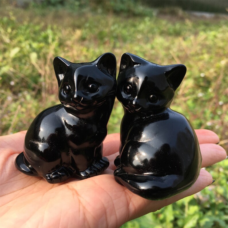 2PCS Natural Obsidian Cat,Quartz Crystal Cat,Home Decoration,Reiki Heal,Crystal Animal,Mineral Specimen,Crystal Carving,Crystal Gifts 150g+