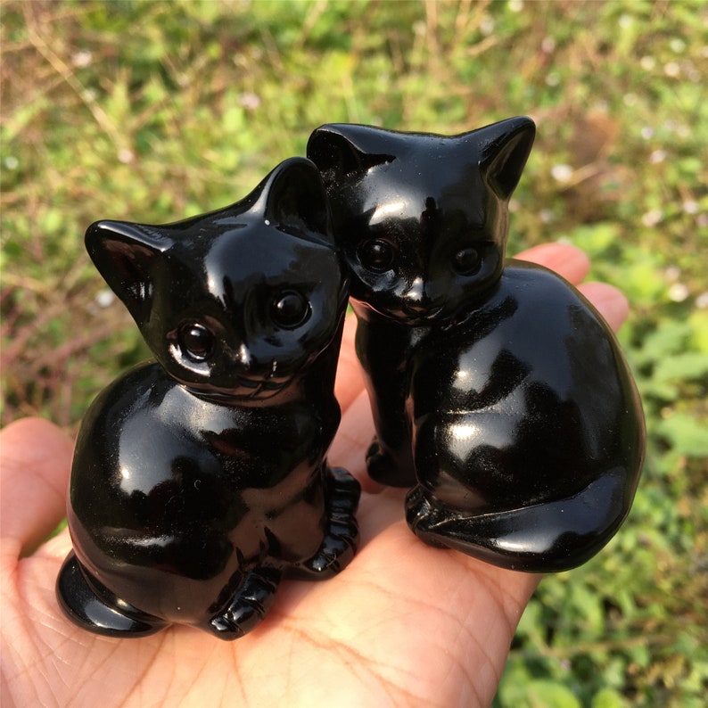 2PCS Natural Obsidian Cat,Quartz Crystal Cat,Home Decoration,Reiki Heal,Crystal Animal,Mineral Specimen,Crystal Carving,Crystal Gifts 150g+