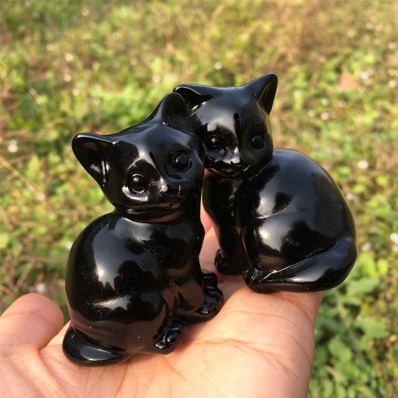 2PCS Natural Obsidian Cat,Quartz Crystal Cat,Home Decoration,Reiki Heal,Crystal Animal,Mineral Specimen,Crystal Carving,Crystal Gifts 150g+
