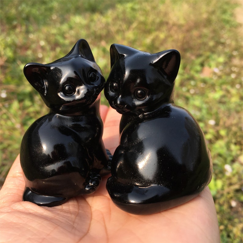 2PCS Natural Obsidian Cat,Quartz Crystal Cat,Home Decoration,Reiki Heal,Crystal Animal,Mineral Specimen,Crystal Carving,Crystal Gifts 150g+
