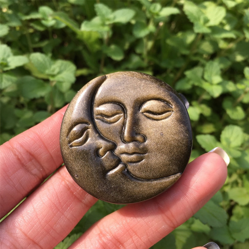 1PC Natural Gold Obsidian Sun Moon,Quartz Sun Moon,Crystal Pendant,Rock,Home Decoration,Crystal Carving,Reiki Healing,Crystal Gift 25g+