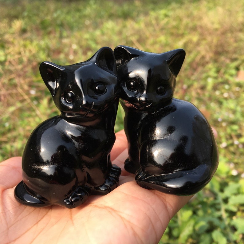 2PCS Natural Obsidian Cat,Quartz Crystal Cat,Home Decoration,Reiki Heal,Crystal Animal,Mineral Specimen,Crystal Carving,Crystal Gifts 150g+