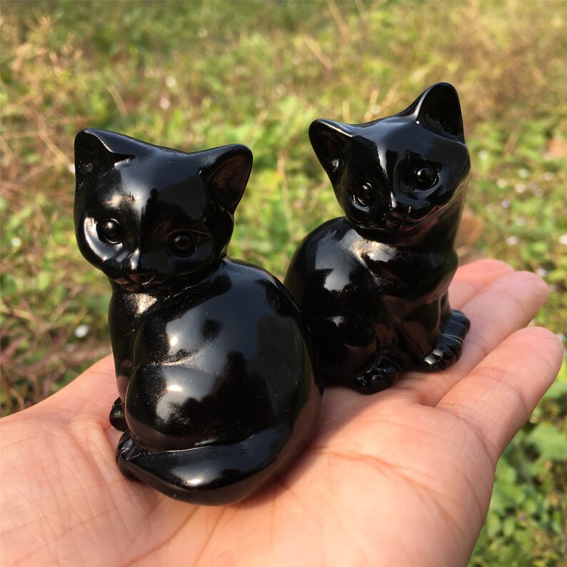 2PCS Natural Obsidian Cat,Quartz Crystal Cat,Home Decoration,Reiki Heal,Crystal Animal,Mineral Specimen,Crystal Carving,Crystal Gifts 150g+